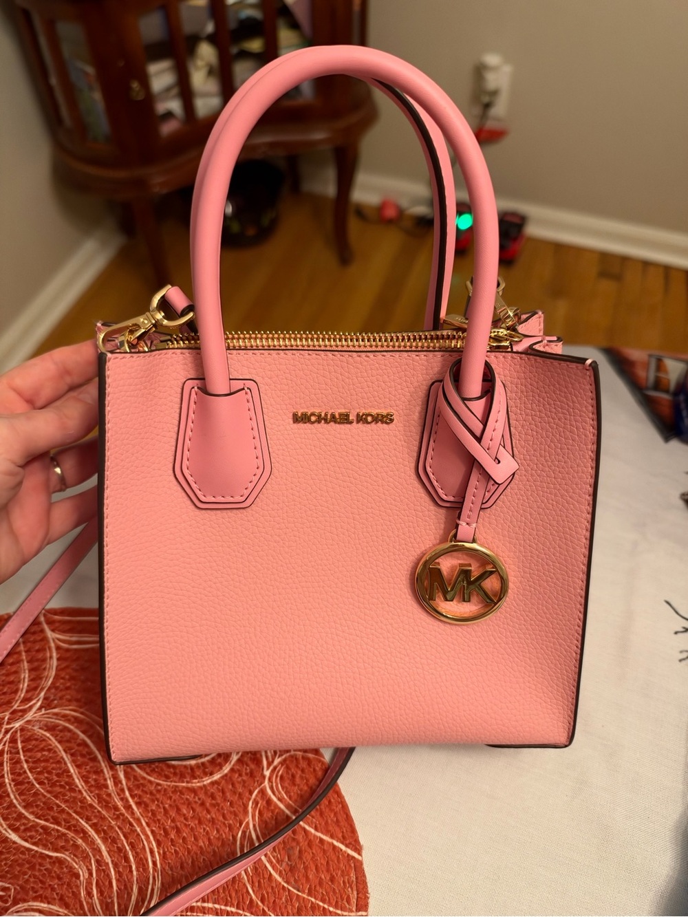 Michael Kors Pink Pebbled Leather Mini Tote with Gold MK Charm